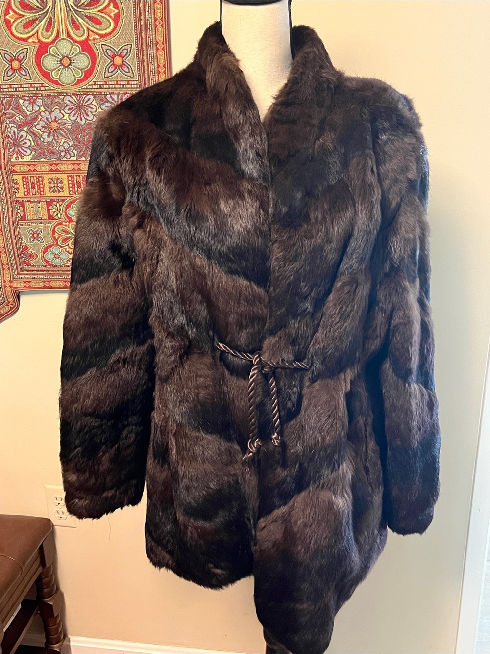 Dark Brown real rabbit  Fur mid length coat, size M/l